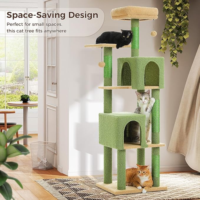 Cactus Cat Tree, 62-Inch Large Cat Tower for Multi-Cat Households w/Scratching Posts, Multi-Level Condo w/Cozy Top Perch & Scratching Pad, Padded Platform, 2 Pompoms, Green