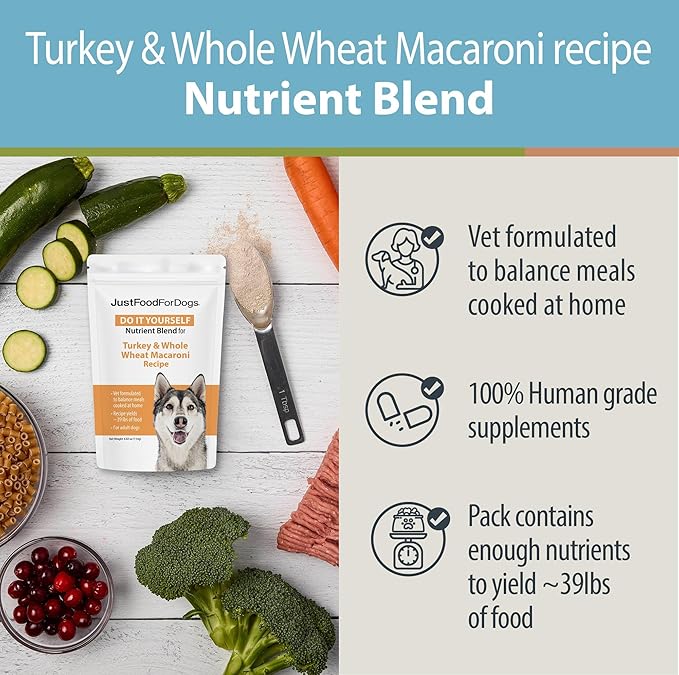 Just Food for Dogs Nutrient Blend, Vitamins and Supplements for Homemade Dog Food, Turkey and Whole Wheat Macacroni, DIY Fresh Pet Meals and Toppers, Human Grade Quality, 4.55oz