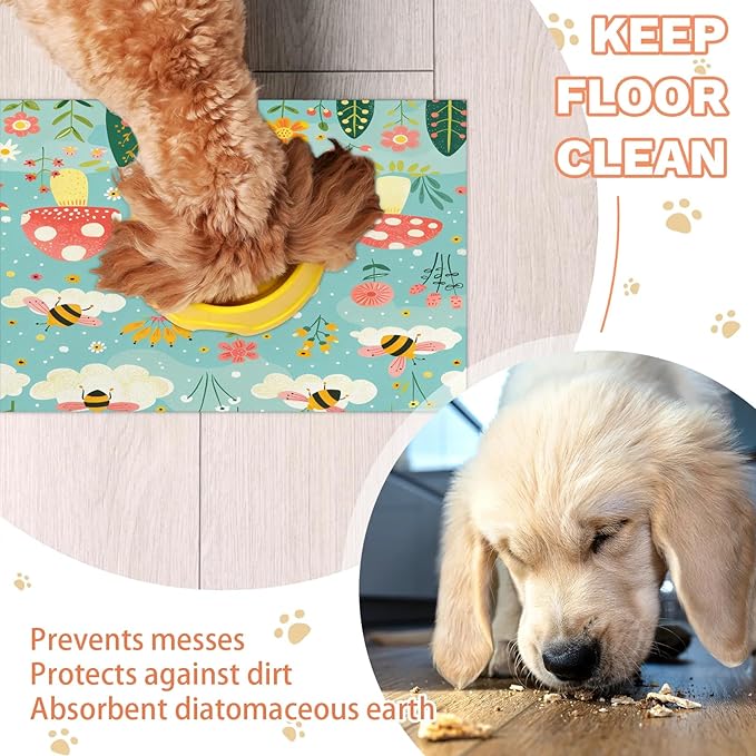 Tree Dog Food Mat for Floors Absorbent, Quick Dry Water Dispenser Mat for Food, Water, Pet Supplies 24" x 32", Mushroom Flower