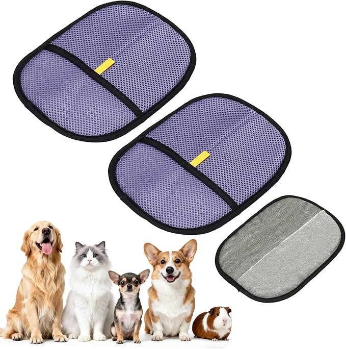 Pet Hair Removal Gloves, Reusable Electrostatic Pet Gloves for Cats Dogs Grooming, Thickened, (2Pcs & Purple), Intended for Clothing/Couch/Carpet/Car Seat
