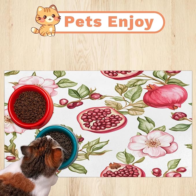 Pomegranate Fruit Dog Food Mat for Floors Absorbent Dog Bowl Mat for Food and Water Dispenser Quick Dry Cat Food Placemat Pet Supplies 24" x 32", Flower Leaves