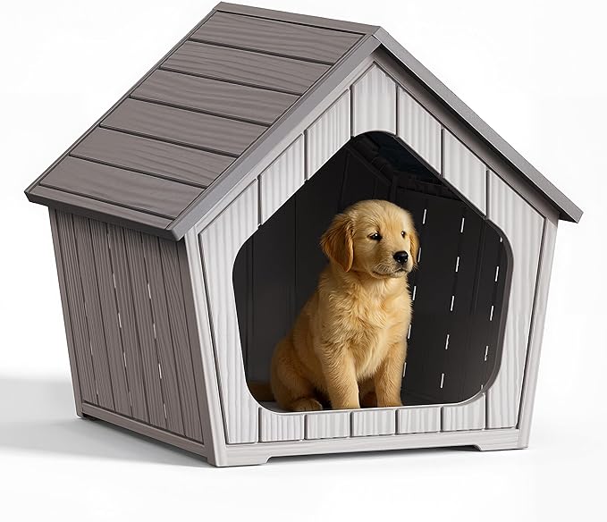 DRATO Dog House Outdoor Indoor Cozy Small Dog Houses Durable Resin Material Houses for Dogs Outside Weatherproof Pet Shelter for Patio, Porch, Living Room (Gray)
