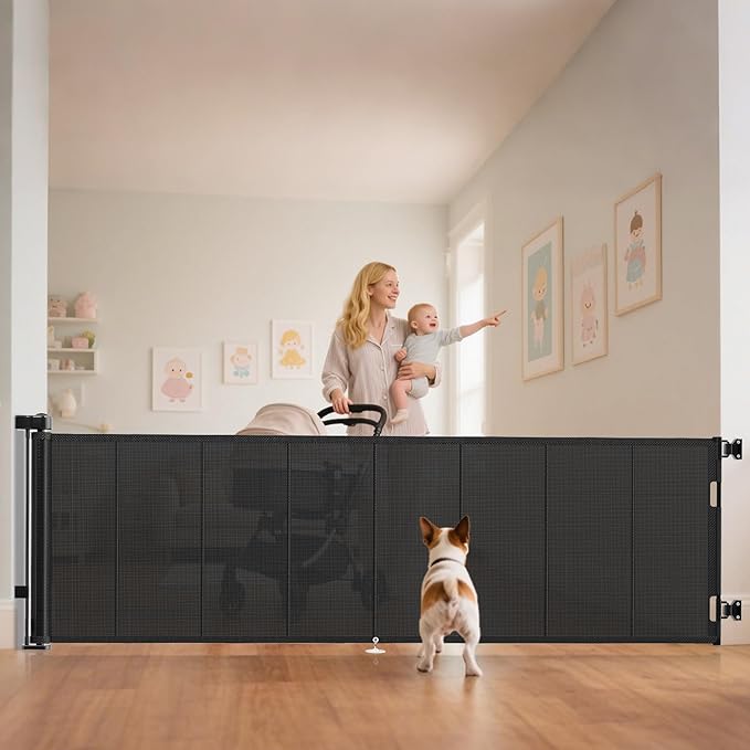 120 inch Retractable Baby Gates 34 inch Tall, Retractable Gate with Reinforced Strip Design to Prevent Crawling Through, 10 FT Extra Wide Retractable Dog Gate for Indoor/Outdoor