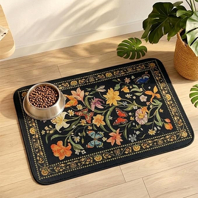 Dog Food Mats for Floors, Waterproof Quick Dry for Cat Bowl Food and Water, Eco-Friendly Accessories Pet Supplies(12"x20", Black Color Flower)