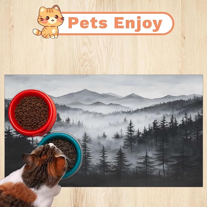 Misty Forest Dog Food Mat for Floors Absorbent, Quick Dry Water Dispenser Mat for Food, Water, Pet Supplies 12" x 20", Nature Woodland