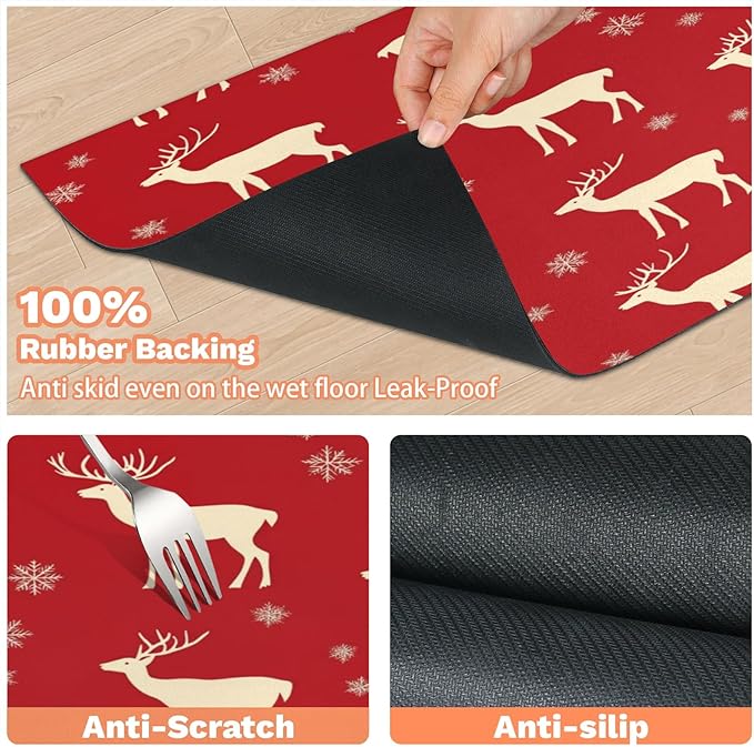 Xmas Elk Dog Food Mat for Floors Absorbent, Quick Dry Water Dispenser Mat for Food, Water, Pet Supplies 16" x 24", Gold Deer