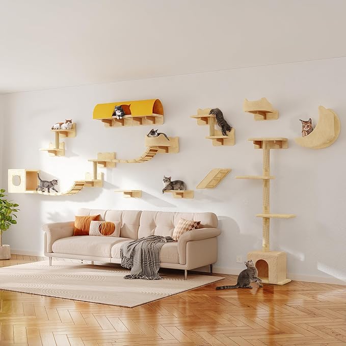 26-in-1 Cat Wall Shelves, Wall Mounted Pet Furniture w/Plush Fabric, Cat Climbing Wall System, 63'' Cats Tower w/Scratching Posts, Cats Shelf with 40''L Tunnel, Condos, House, Step and Ladder
