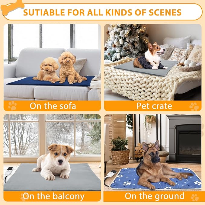 Dog Heating Pad 34"*21" for Outdoor Cat, Heated Dog Bed with Adjustable Temperature & Timer, Indoor Warming Waterproof Pet Heating Pad Mat with Chew Resistant Cord, Replacement Cover for Puppy Kitten
