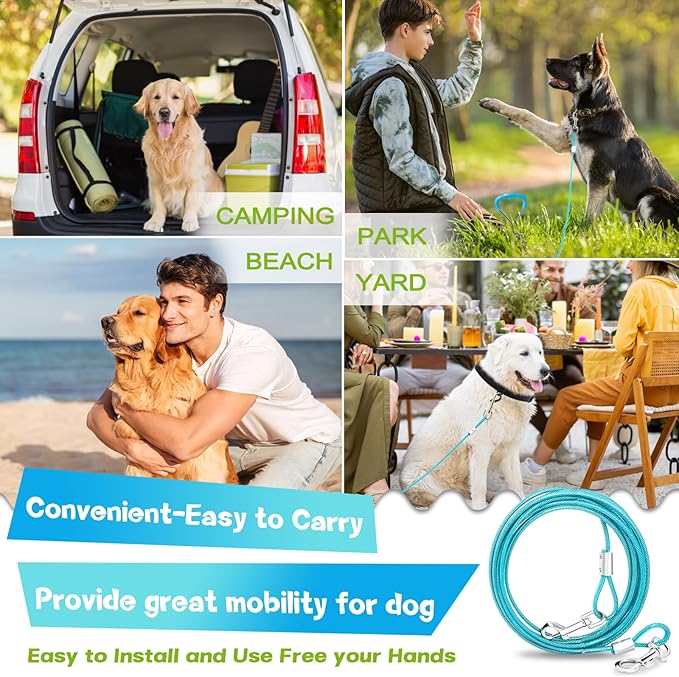 Supet Dog Tie Out Cable and Stake 32/16/10 ft Outdoor, Yard and Camping, for Medium to Large Dogs Up to 125 lbs, 16" Stake, 32/16/10 ft Cable with Durable Spring and Metal Hooks for Outdoor