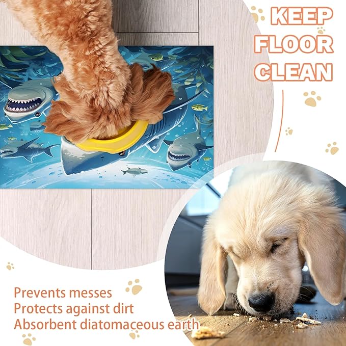 Ocean Shark Dog Food Mat for Floors Absorbent Dog Bowl Mat for Food and Water Dispenser Quick Dry Cat Food Placemat Pet Supplies 12" x 20", Underwater World