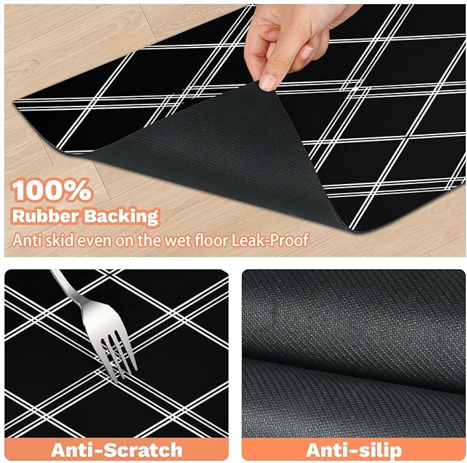 Buffalo Check Dog Food Mat for Floors Absorbent, Quick Dry Water Dispenser Mat for Food, Water, Pet Supplies 24" x 32", Black