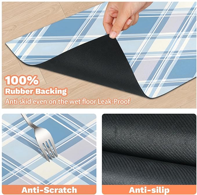 Buffalo Check Dog Food Mat for Floors Absorbent, Quick Dry Water Dispenser Mat for Food, Water, Pet Supplies 17" x 30", Blue Plaid
