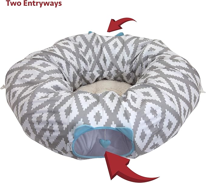 Kitty City Large Cat Tunnel Bed, 2-in-1 Zip-Together Cat Play Tunnel & Plush Nap Bed, Pop-Up Indoor Cat Toy with Hanging Toys, Collapsible Design - White