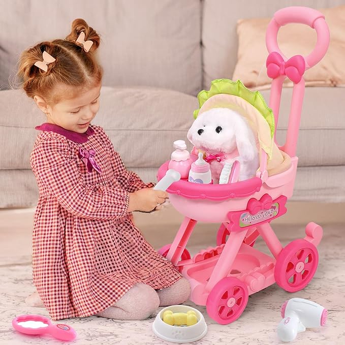 Golray Dog Toys for Kids Girls, Stroller & Electronic Interactive Stuffed Dog Plush Can Walk Bark, 10 Pcs Toddler Girl Toy Dog Puppy Pet Care Pretend Play Set, Birthday Gifts for Little Girl 3 4 5 6 7