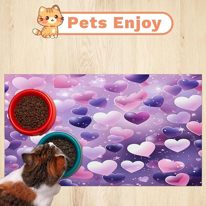 Valentine's Day Dog Food Mat for Floors Absorbent, Quick Dry Water Dispenser Mat for Food, Water, Pet Supplies 17" x 30", Pink Purple Heart