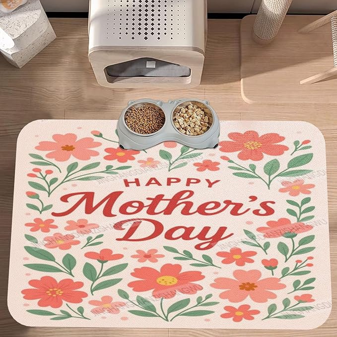 Dog Food Mat Dog Mat for Food and Water 24x16In Happy Mother's Day Floral Gift Mom Eo No Stains Cat Pet Feeding Mats Water Bowl for Messy Drinkers