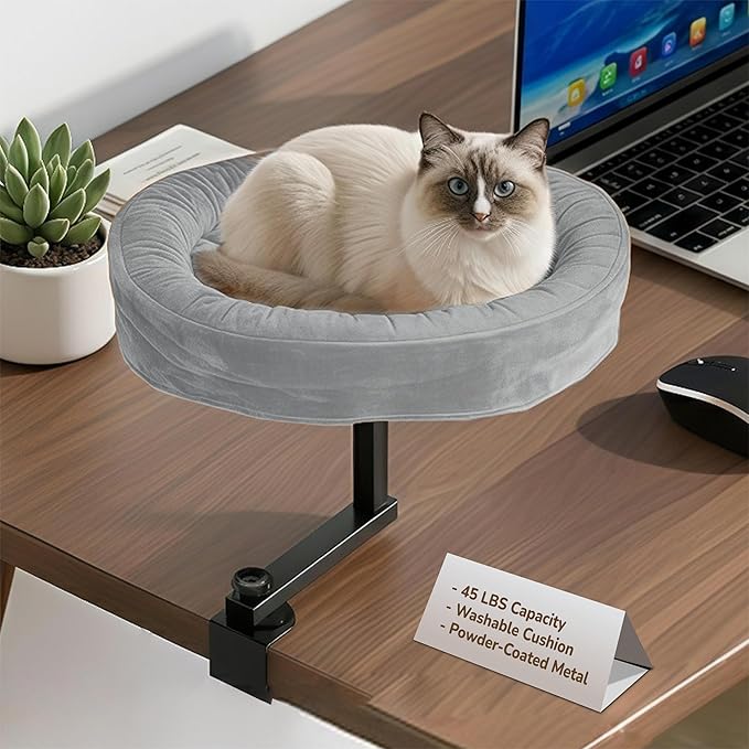 Up to 45LBS Cat Desk Bed - 360° Rotation & Adjustable Height, Pet Perch for Desks with Washable Cushion, Desk Cat Bed Attachment for Various Tables, Gray Cushion