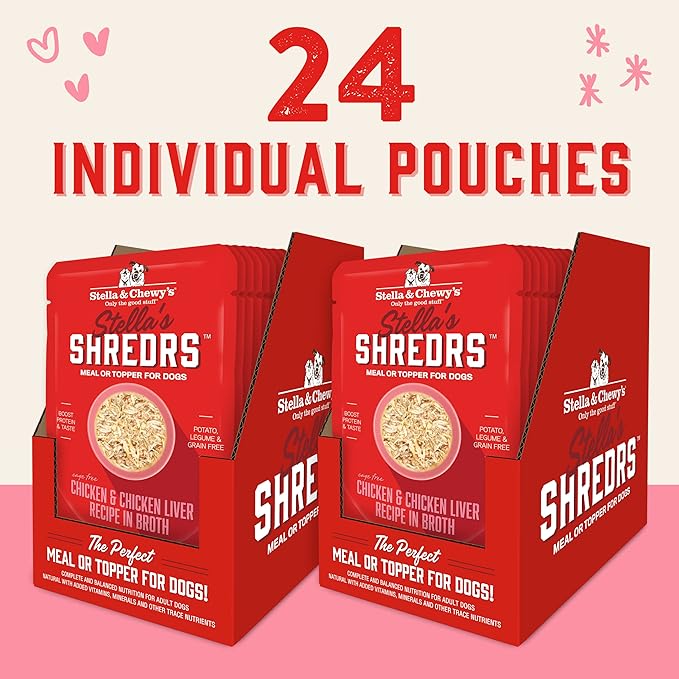 Proposed Value: Stella & Chewy's Cage Free Chicken & Chicken Liver Shredrs - Premium Dog Food Pouches - Perfect For Picky Eaters - 24 Pack, 2.8oz Each
