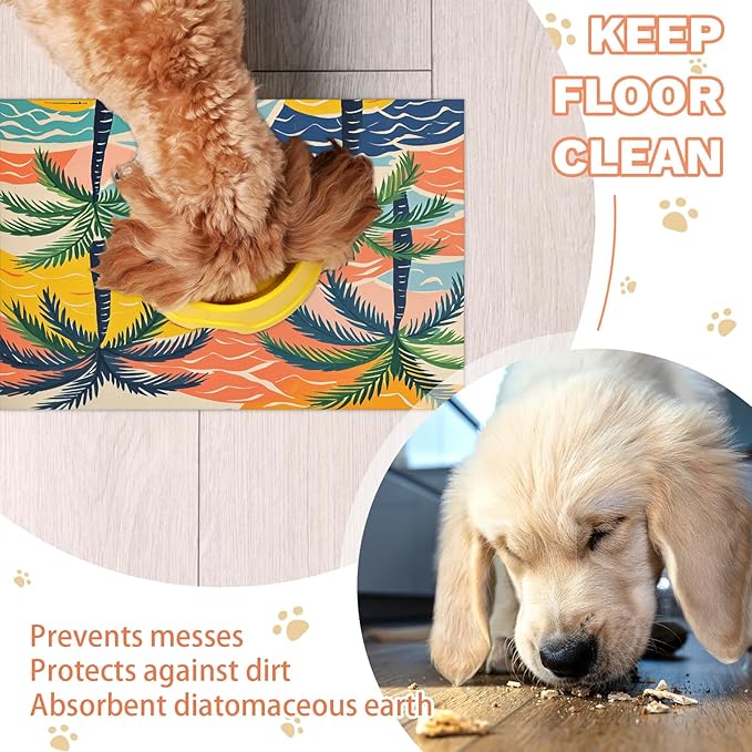 Palm Tree Dog Food Mat for Floors Absorbent, Quick Dry Water Dispenser Mat for Food, Water, Pet Supplies 12" x 20", Ocean