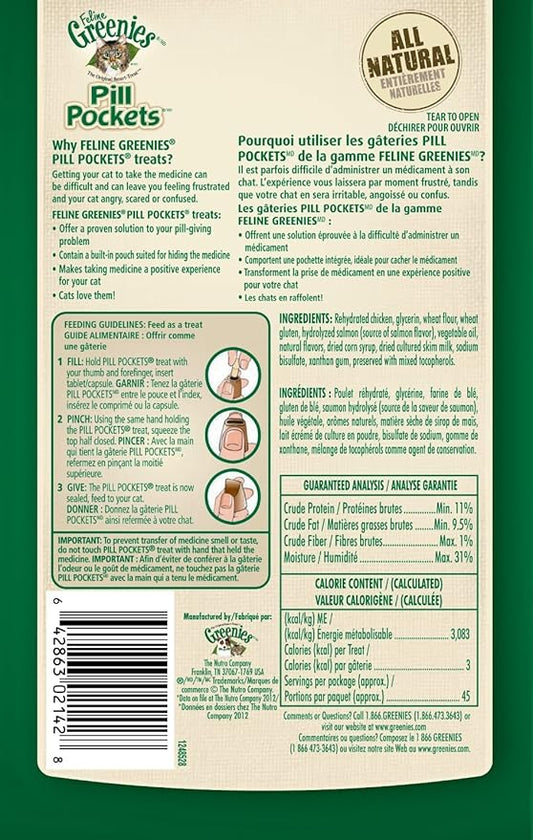 Greenies Feline Pill Pockets for Cats Natural Soft Cat Treats, Salmon Flavor, 1.6 oz. Pouch (45 Treats)