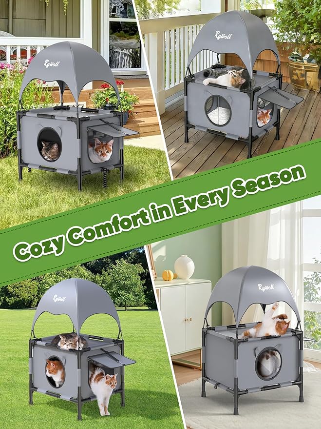 Rywell Outdoor Cat House Elevated 2-Tier Outdoor Cat Shelter with Canopy, Multi-Level Raised Platform, Outside Cat House with Breathable Mesh & Reversible Pad for Multiple Cats
