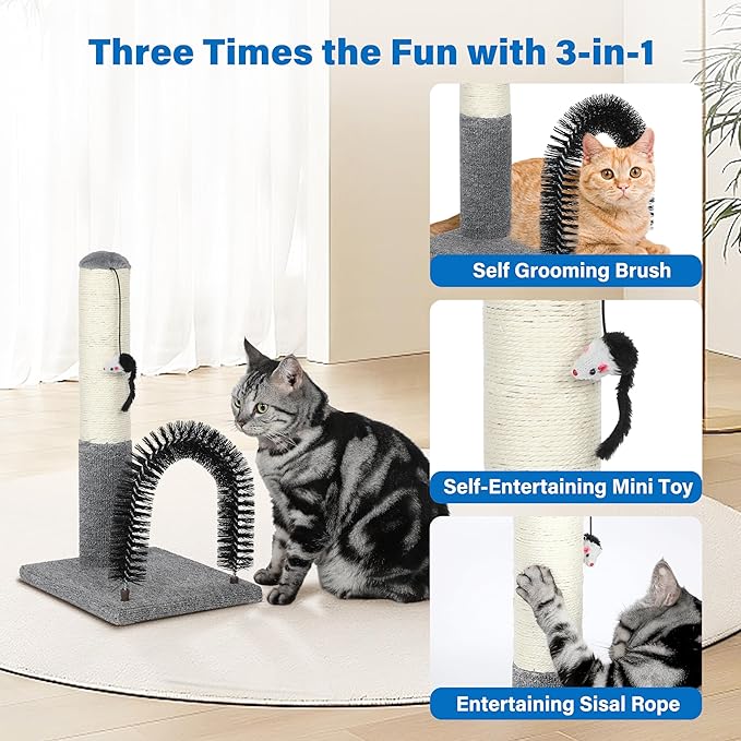 Simple Deluxe Small Cat Scratching Post with Arch Self Groomer, 18 Inches Scratching Post for Indoor Kitten to Adult Cats, Stable Sisal Post with Extra Interactive Dangling Plush Toy, Gray