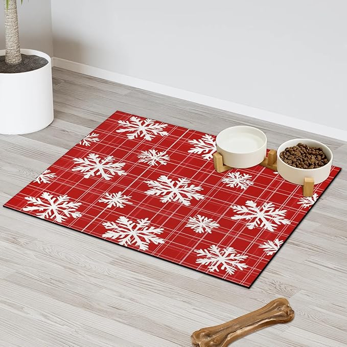 Red White Xmas Snowflake Dog Food Mat for Floors Absorbent, Quick Dry Water Dispenser Mat for Food, Water, Pet Supplies 12" x 20",