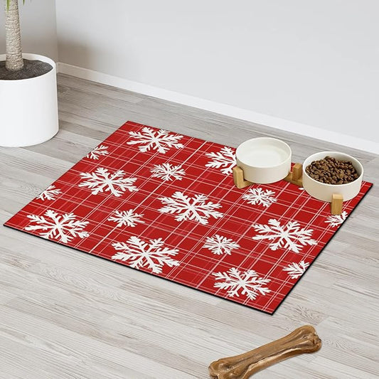 Red White Xmas Snowflake Dog Food Mat for Floors Absorbent, Quick Dry Water Dispenser Mat for Food, Water, Pet Supplies 24" x 32",