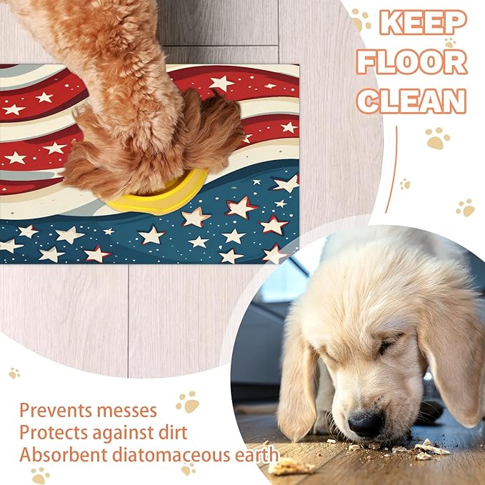 4th of July Dog Food Mat for Floors Absorbent Dog Bowl Mat for Food and Water Dispenser Quick Dry Cat Food Placemat Pet Supplies 24" x 32", Red White Stripes