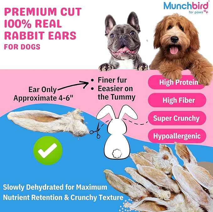 Munchbird Rabbit Ears Freeze Dried Chicken Food Topper for Dogs Bundle