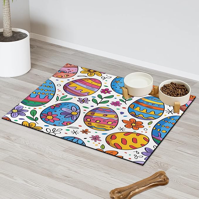 Easter Eggs Dog Food Mat for Floors Absorbent Dog Bowl Mat for Food and Water Dispenser Quick Dry Cat Food Placemat Pet Supplies 24" x 32", Colorful Flower