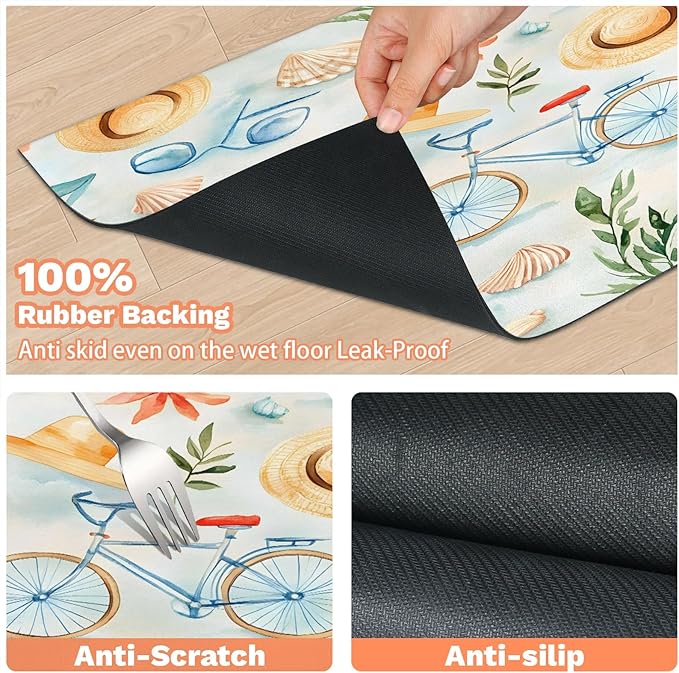 Beach Bicycle Dog Food Mat for Floors Absorbent Dog Bowl Mat for Food and Water Dispenser Quick Dry Cat Food Placemat Pet Supplies 24" x 32", Summer Theme
