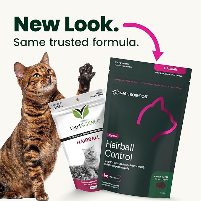 VetriScience Hairball Control Chews, Gentle Hairball Remedy for Cats, Omega-3 and Fiber Supplement, Support Digestion and Skin and Coat, Reduce Hairballs, Tasty Small Bites, Chicken, 60 Count