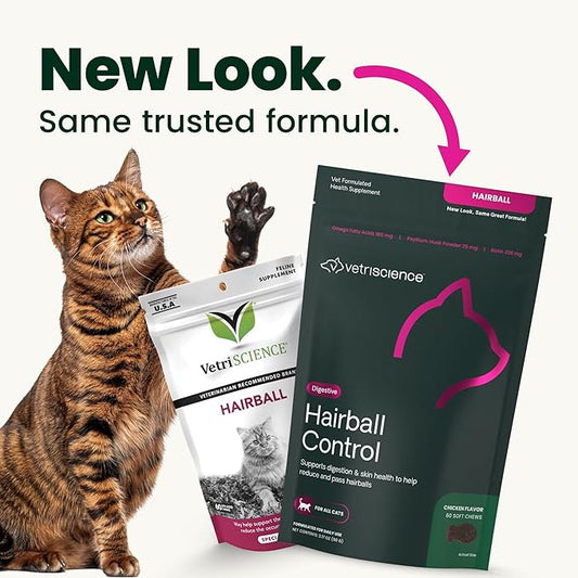 VetriScience Hairball Control Chews, Gentle Hairball Remedy for Cats, Omega-3 and Fiber Supplement, Support Digestion and Skin and Coat, Reduce Hairballs, Tasty Small Bites, Chicken, 60 Count
