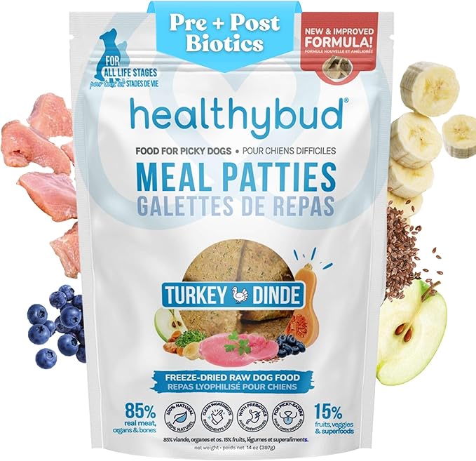 healthybud Raw Dog Food, Freeze Dried Turkey Patties, Grain Free Puppy Food, Human Grade, High Protein, Dehydrated Real Meat Dog Treats & Toppers, 14.1 oz