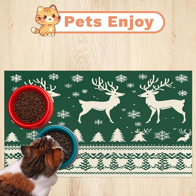 Xmas Deer Dog Food Mat for Floors Absorbent, Quick Dry Water Dispenser Mat for Food, Water, Pet Supplies 24" x 32", Snowflake Tree