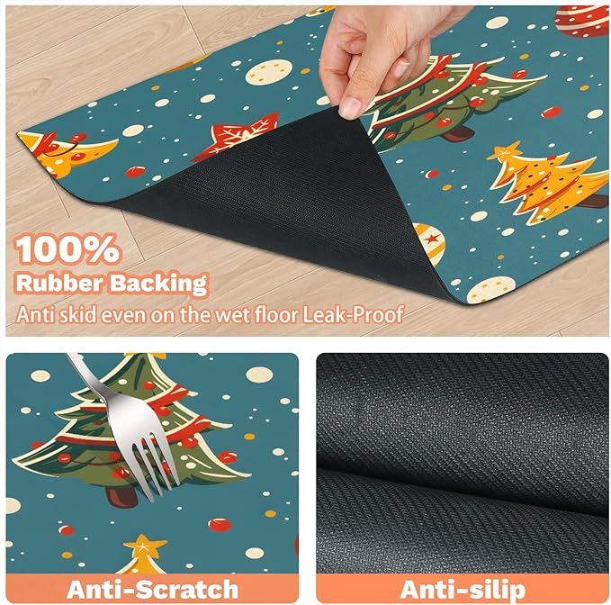 Christmas Tree Dog Food Mat for Floors Absorbent, Quick Dry Water Dispenser Mat for Food, Water, Pet Supplies 16" x 24", Xmas Ball