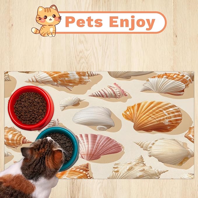 Seashell Dog Food Mat for Floors Absorbent Dog Bowl Mat for Food and Water Dispenser Quick Dry Cat Food Placemat Pet Supplies 12" x 20", Beach
