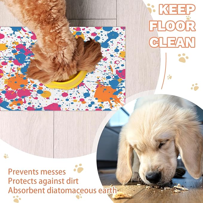 Colorful Graffiti Dog Food Mat for Floors Absorbent Dog Bowl Mat for Food and Water Dispenser Quick Dry Cat Food Placemat Pet Supplies 24" x 32", Watercolor Graffiti