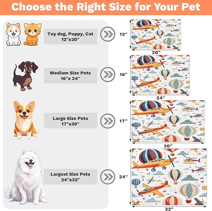 Airplane Dog Food Mat for Floors Absorbent, Quick Dry Water Dispenser Mat for Food, Water, Pet Supplies 24" x 32", Hot Air Balloon