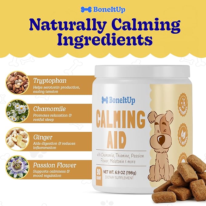 BoneItUp Pet Calming Chews for Dogs - Helps with Separation, Anxiousness, Thunderstorms & More - Natural Dog Calming Treats with Chamomile, L-Tryptophan & Melatonin for Balanced Mood & Sleep (90 Ct)