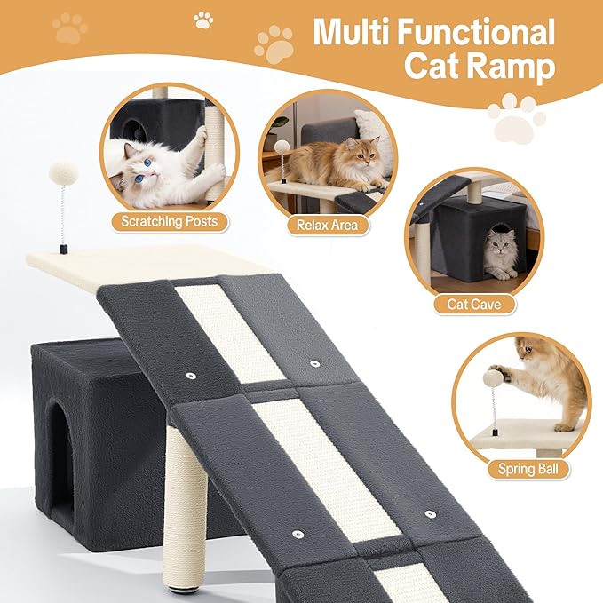 HOMBYS Cat Ramp for Bed, Gentle Slope Bed Access Ramp with Fun Spring Ball Toy & Sisal Scratching Posts, Soft Pet Ramp for Elderly Cats, Joint-Friendly Alternative to Cat Stairs