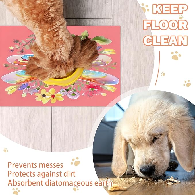 Dragonfly Dog Food Mat for Floors Absorbent, Quick Dry Water Dispenser Mat for Food, Water, Pet Supplies 17" x 30", Spring Flower