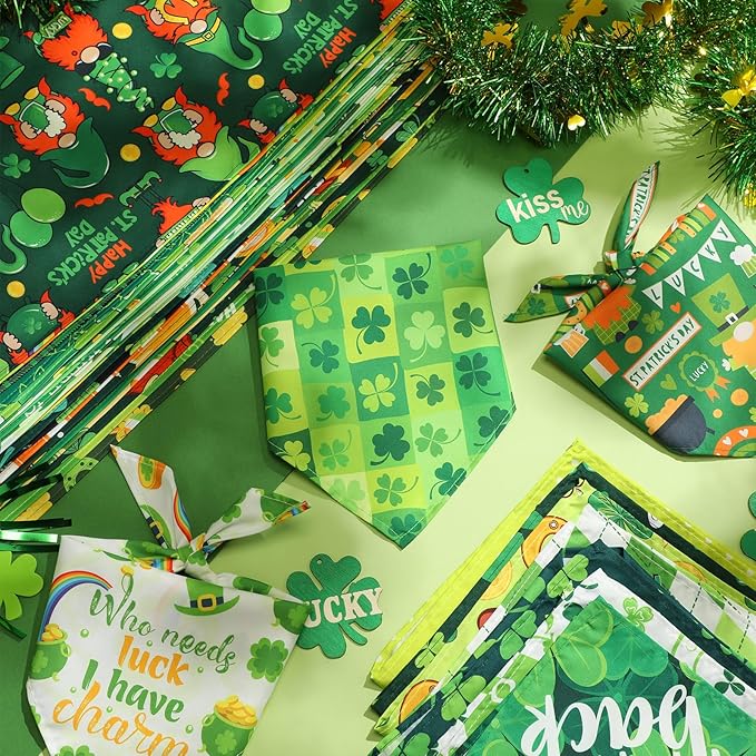 Kacctyen 100 Pcs St. Patrick's Day Dog Bandanas Bulk with Sayings Dog Adjustable Cute Washable Triangle Kerchief Scarf Bibs for Small to Medium Pet Seasonal Party Costume Accessories