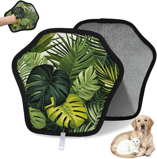 Green Tropical Leaves Electrostatic Pet Hair Removal Glove for Cats & Dogs - Reusable Grooming Mitt for Couch, Carpet, Car Seat & Laundry - Large 9x9 Inch