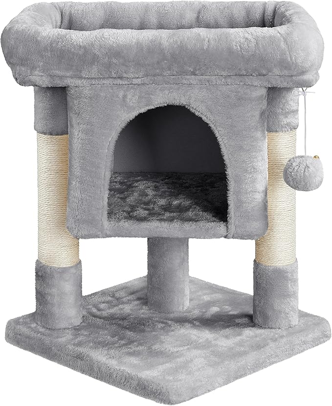 Yaheetech Cat Scratching Posts with Bed, 23.5 Inches Cat Kitten Scratcher Featuring with Sisal Scratch Posts, Interactive Dangling Ball for Indoor Large Cats, Light Gray