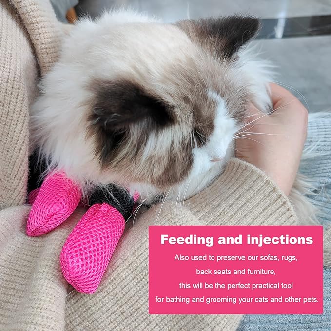 Rose Anti-Scratch Cat Foot Covers - Adjustable Mesh Paw Protectors, Non-Slip, Breathable - Suitable for Family Pet Cat Bathing and Nail Cutting (4 Pieces, L, Rose)