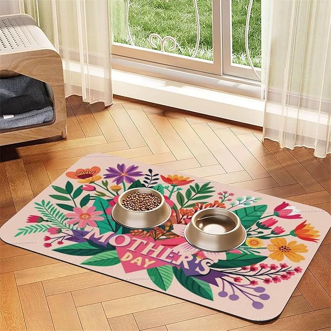 Pet Feeding Mat for Floors Waterproof Dog Mat for Food and Water Happy Mother's Day Floral Gift Mom Ko Absorbent Quick Dry Non Slip Mats Cat Bowls 24x16In