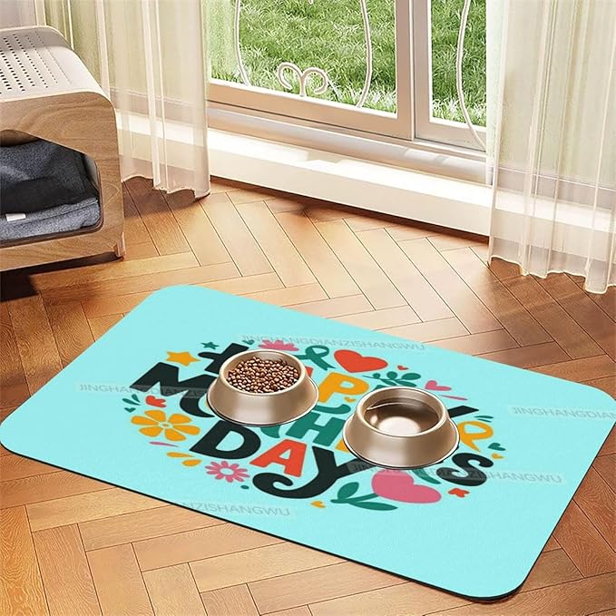 Absorbent Dog Water Cat Mat for Food Water Bowl Quick Dry Happy Mother's Day Floral Gift for Mom D Pet Feeding Mats No Stains Dog Food Mat Pet Accessories Supplies Cat Bowl Mats 18X12In