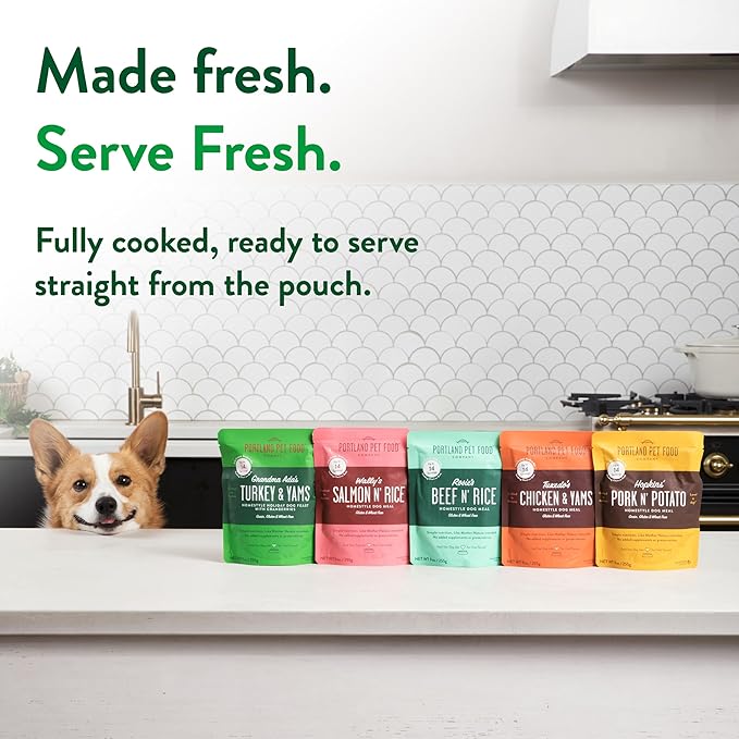 CRAFTED BY HUMANS LOVED BY DOGS Portland Pet Food Company Grandma Ada’s Turkey & Yams Wet Dog Food Pouches 5pk and Hopkin's Pork N’ Potato Wet Dog Food Pouches 5 pk Bundle